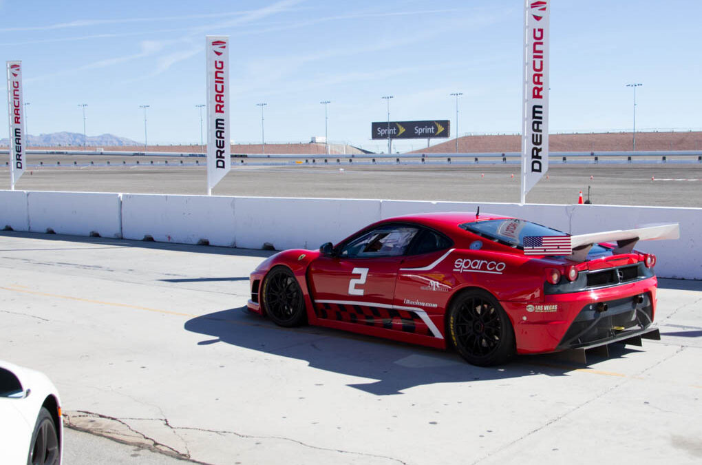 DreamRacing Ferrari 430GT factory race car entering Las Vegas Motor Speedway track